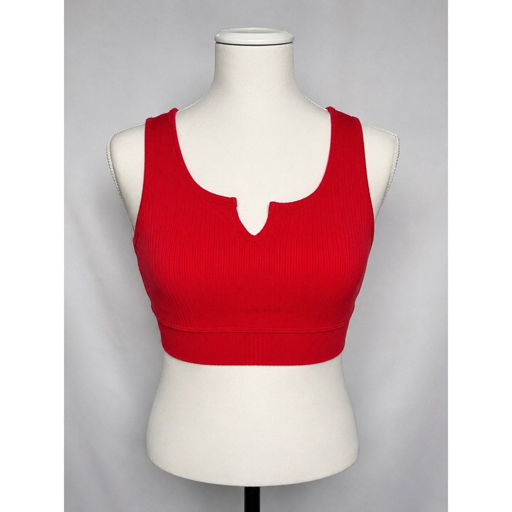 White Birch Red Ribbed Notched Neck Crop Tank Top Sleeveless Shirt Size Medium